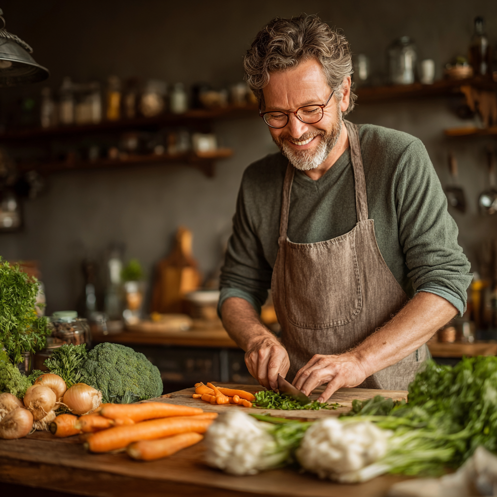 Happy middle-aged man in his early 50s cooking healthy food in his kitchen, wearing casual clothes and smiling while chopping fresh vegetables