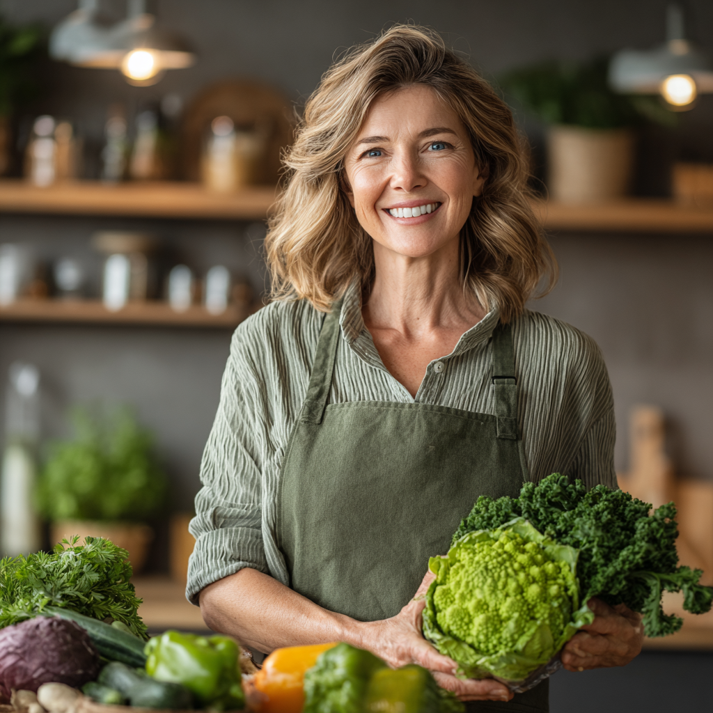 Healthy middle-aged woman in her 40s smiling while preparing fresh vegetables in a modern kitchen, wearing a light green apron